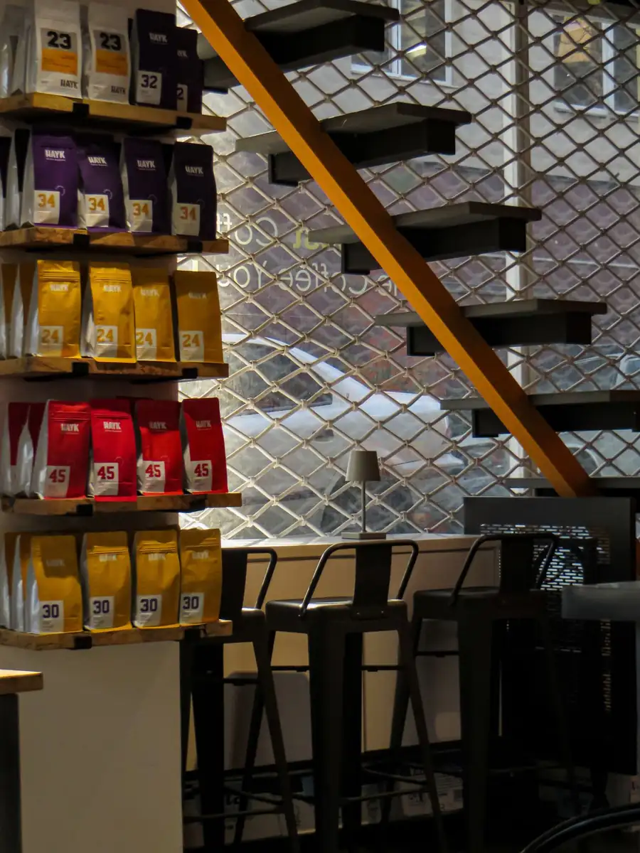 Cosy Araw Coffee interior with bean shelves
